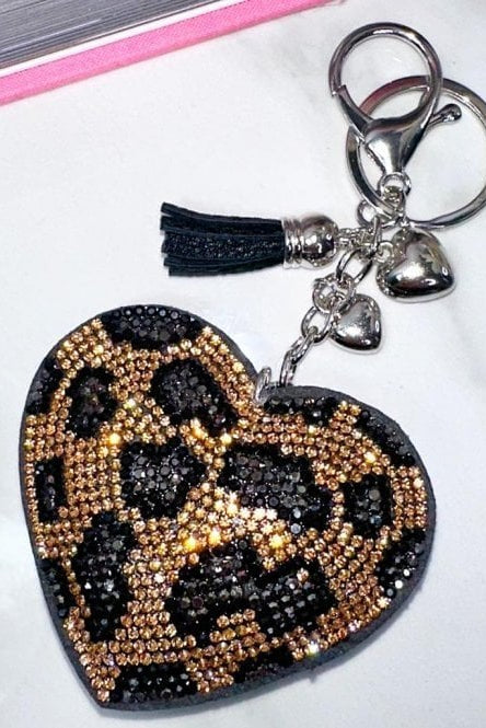 Crystal Padded Heart Keyring Leopard with crystal Embellished