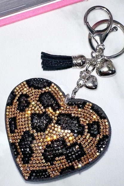 Crystal Padded Heart Keyring Leopard with crystal Embellished