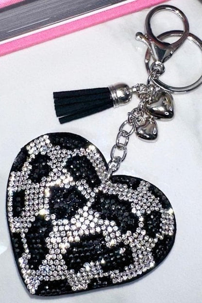 Crystal Padded Heart Keyring Snow Leopard designed with crystal Embellished