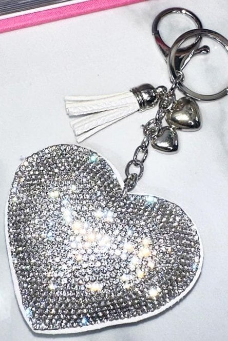 Crystal Padded Heart Keyring Silver with crystal embellishment