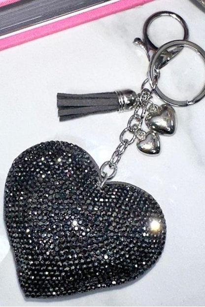Crystal Padded Heart Keyring Pewter with crystal embellishment