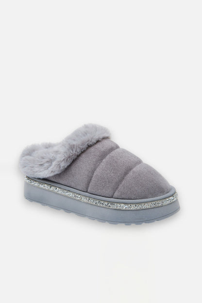 Crystal Trim Soft Touch Slippers Grey, focused on embellished Crystal Trim