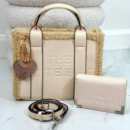 Nude Winter Crush Medium Sherpa Handbag &amp; Sparkly Tote Purse Bundle, highlighting medium Tote (perfect for daily essentials)