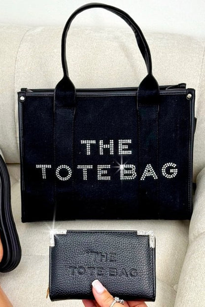 Sparkly Canvas Large Tote Bag Black &amp; Sparkly Tote Purse Black Bundle, with sparkly rhinestone canvas detailing.