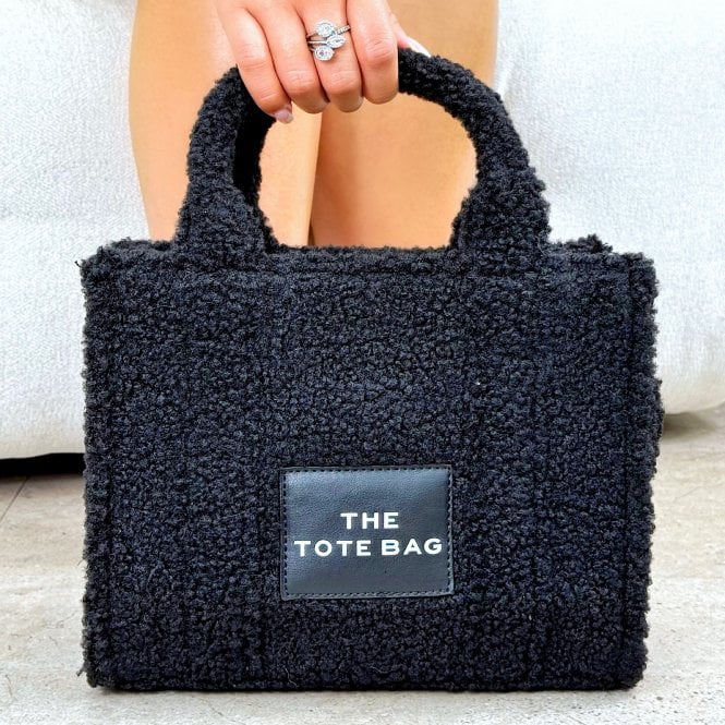 Classic Teddy Medium Tote Black &amp; Zip Up Tote Bag Purse Black Bundle, with emphasis on dimensions of approximately 20cm tall, 27cm wide and 9.5cm deep.