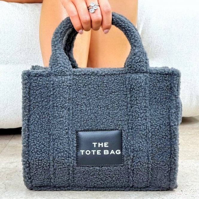 Classic Teddy Medium Tote Grey &amp; Zip Up Tote Bag Purse Black Bundle, highlighting dimensions - approx 20cm tall, 27cm wide, 9.5cmdeep.