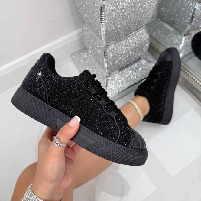 Crystal Embellished Aura Lace-Up Trainers Black, drawing attention to lightweight design ideal for everyday wear