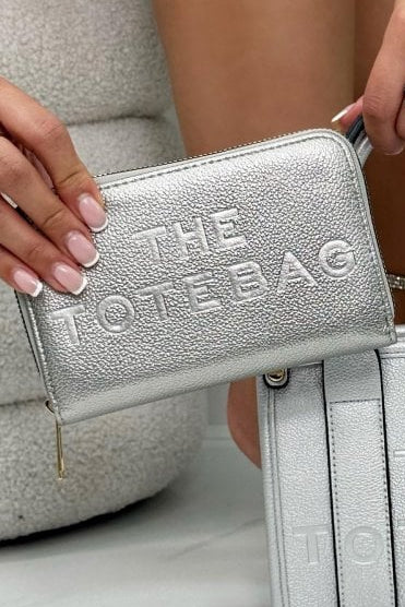 Faux Leather Tote Bag Purse Metallic Silver featuring measurements: Length 17cm, Height 11cm, Width 3cm