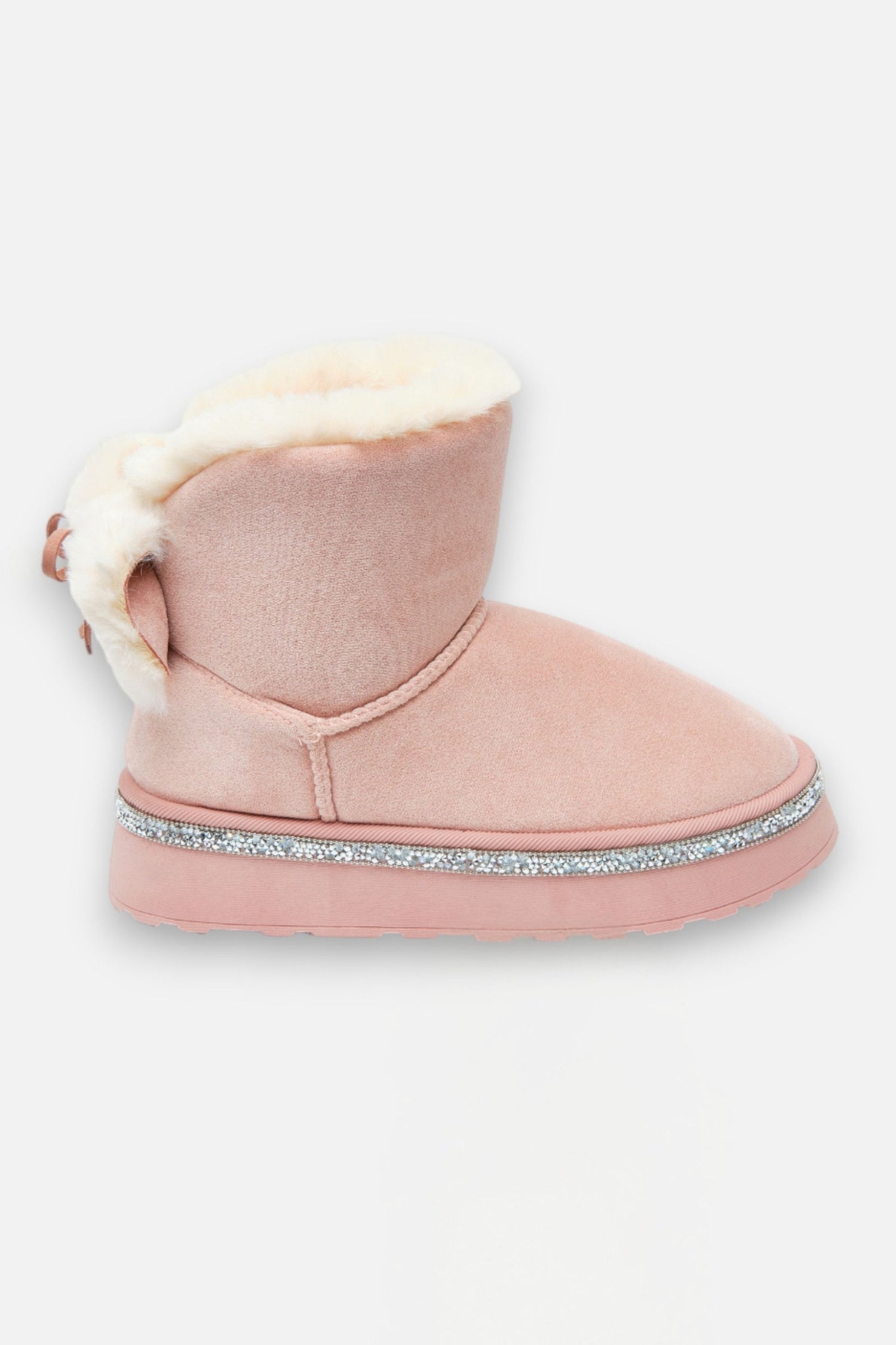 Crystal Faux Fur Bow Snugg Boots Pink, with emphasis on plush Faux Fur lining