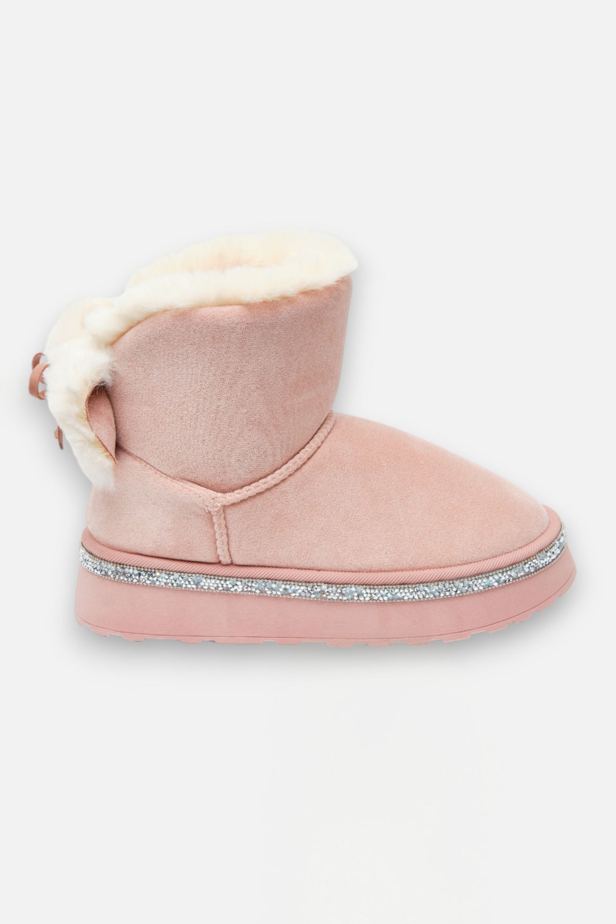 Crystal Faux Fur Bow Snugg Boots Pink, with emphasis on plush Faux Fur lining