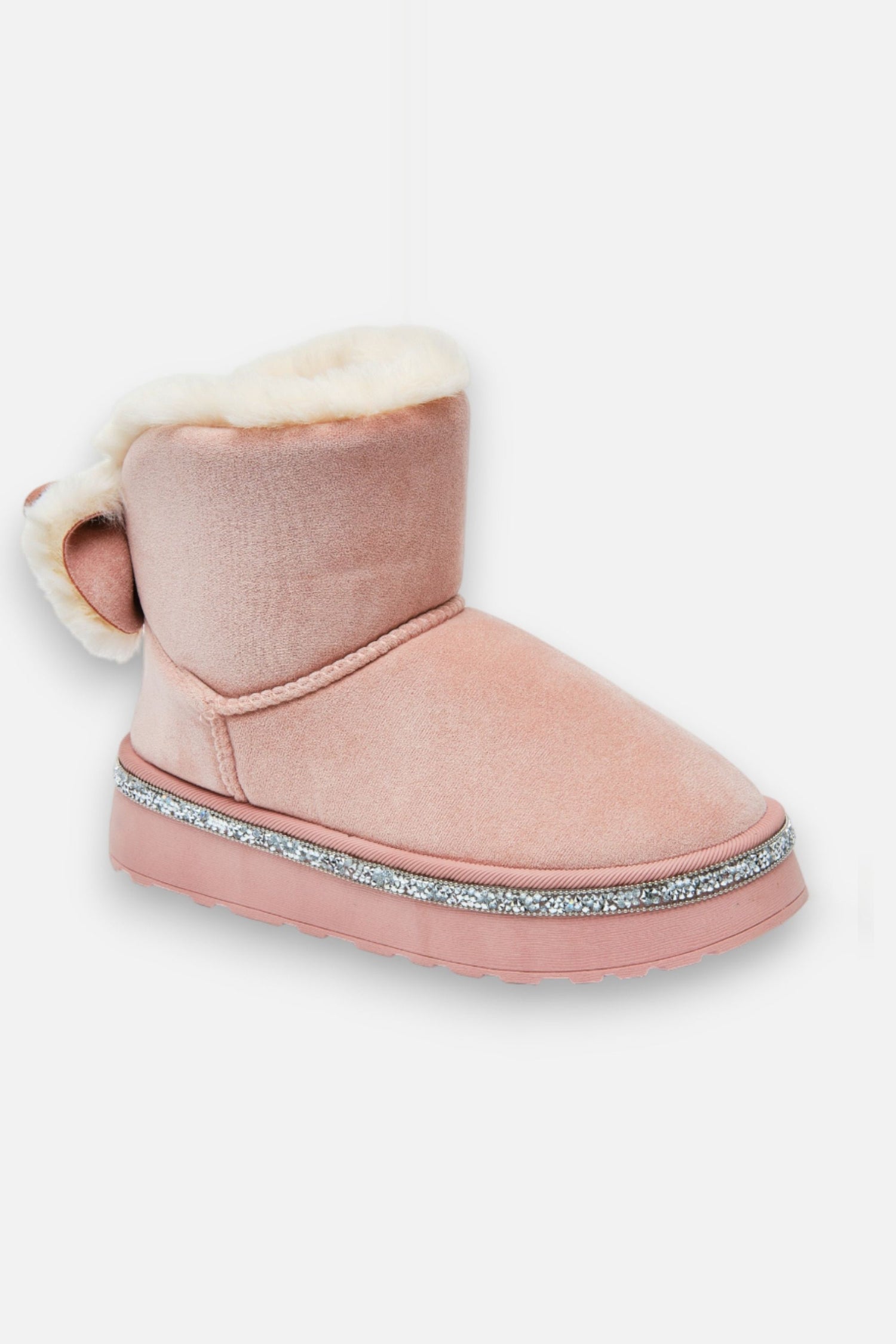 Crystal Faux Fur Bow Snugg Boots Pink, featuring slip-on design for easy wear