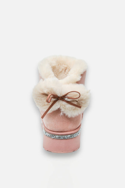 Crystal Faux Fur Bow Snugg Boots Pink, featuring durable rubber platform with crystal trim