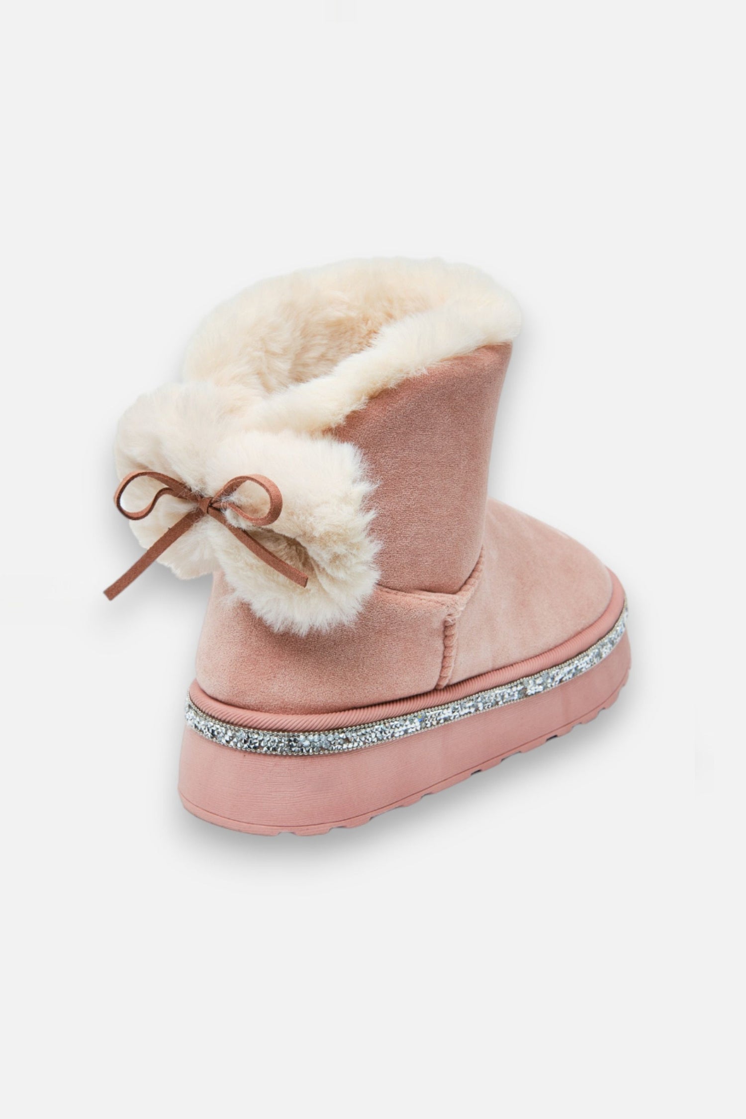 Crystal Faux Fur Bow Snugg Boots Pink, focused on elegant back bow accents