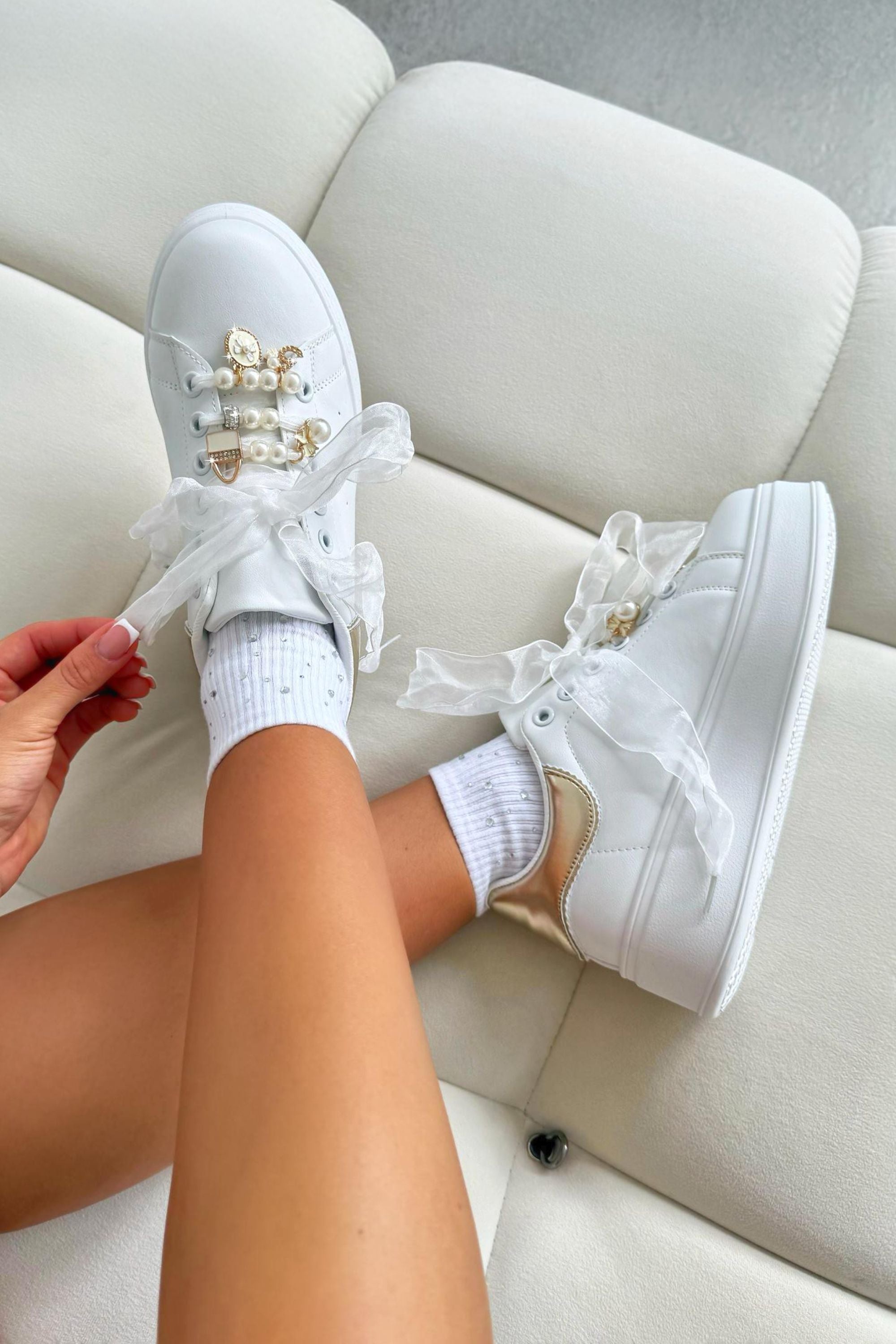 Sparkly Pearl Charm Trainers Gold with chunky rubber sole for all-day comfort