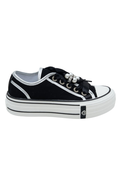 Crystal Lover Lace Up Platform Trainers Black, capturing pearl Beaded Lave Detailing