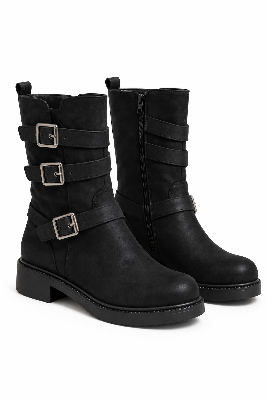 Harley Luxe Triple Buckle Slouch Faux Suede Biker Zip Up Ankle Boots Black