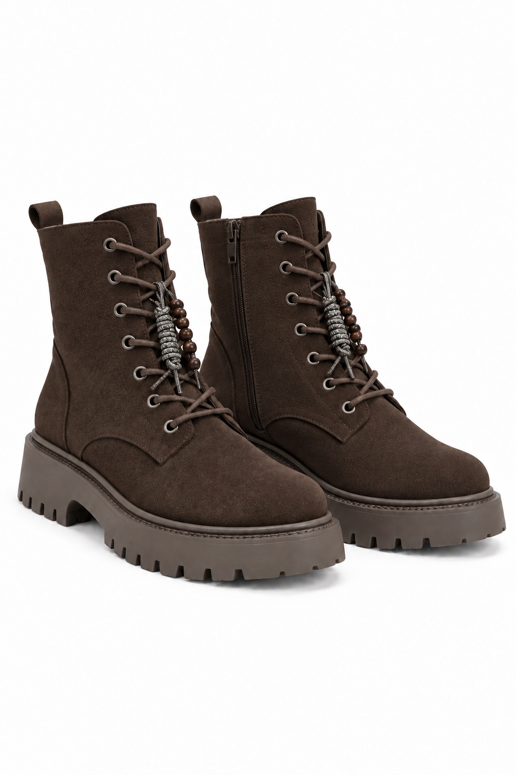 Dakota Comfort Lace-Up Chunky Faux Suede Zip Up Biker Boots Brown