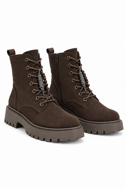 Dakota Comfort Lace-Up Chunky Faux Suede Zip Up Biker Boots Brown