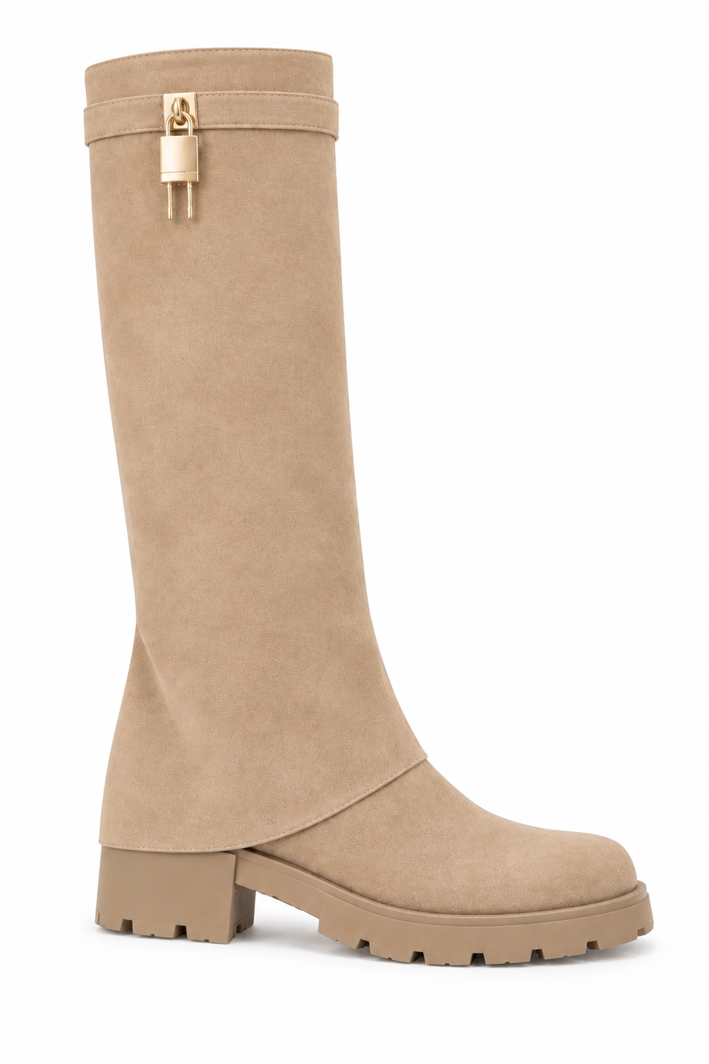 Portia Luxe Gold Padlock Faux Suede Chunky Foldover Zip Up Knee High Boots Nude