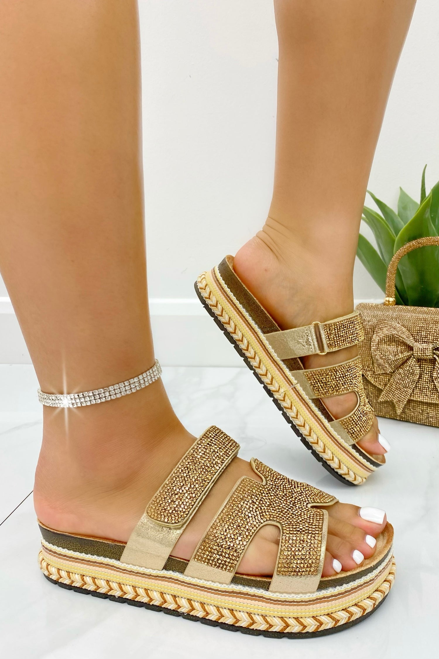 Crystal Luxe Double Strap Sliders Rose Gold