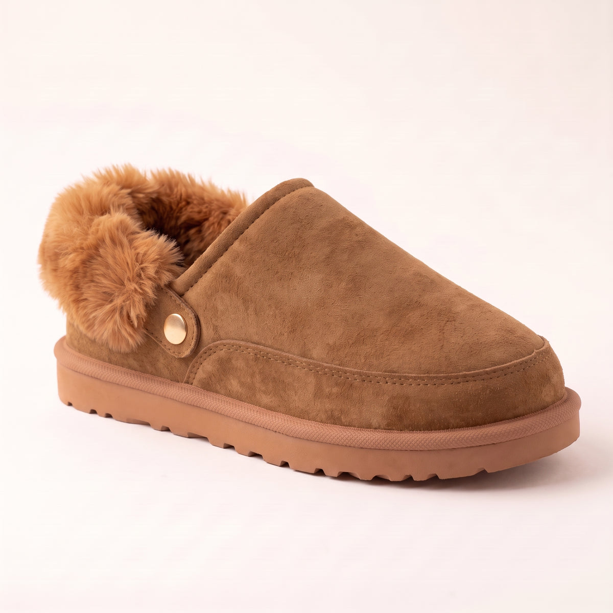 Sasha Faux Suede Fur Lined Mule Slippers Camel