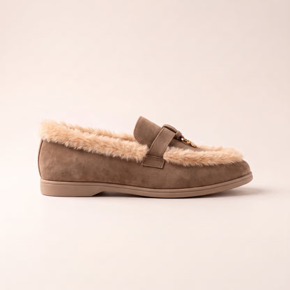 Mollie Faux Suede Fur Lined Flat Penny Detail Moccasin Loafers Mocha