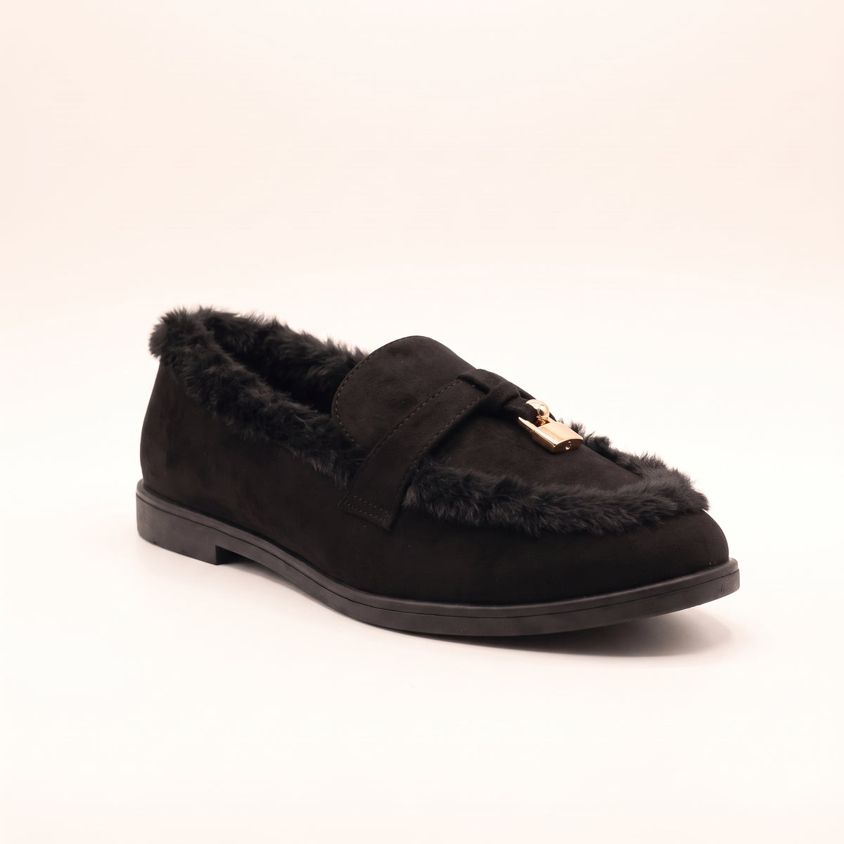 Mollie Faux Suede Fur Lined Flat Penny Detail Moccasin Loafers Black
