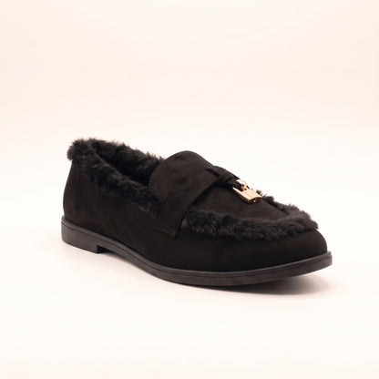 Mollie Faux Suede Fur Lined Flat Penny Detail Moccasin Loafers Black