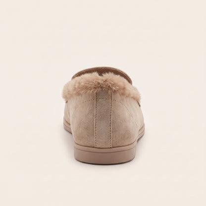 Mollie Faux Suede Fur Lined Flat Penny Detail Moccasin Loafers Nude