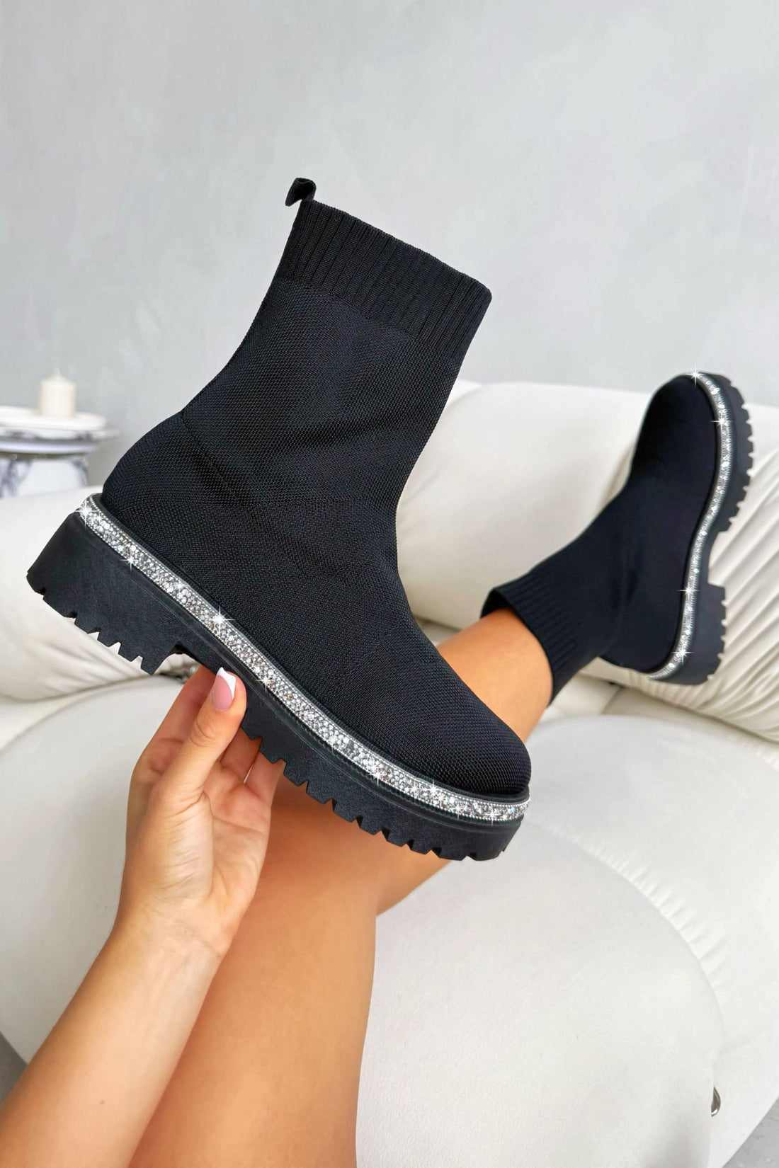 Sparkly Stretch Chunky Sock Boots Black with true to size