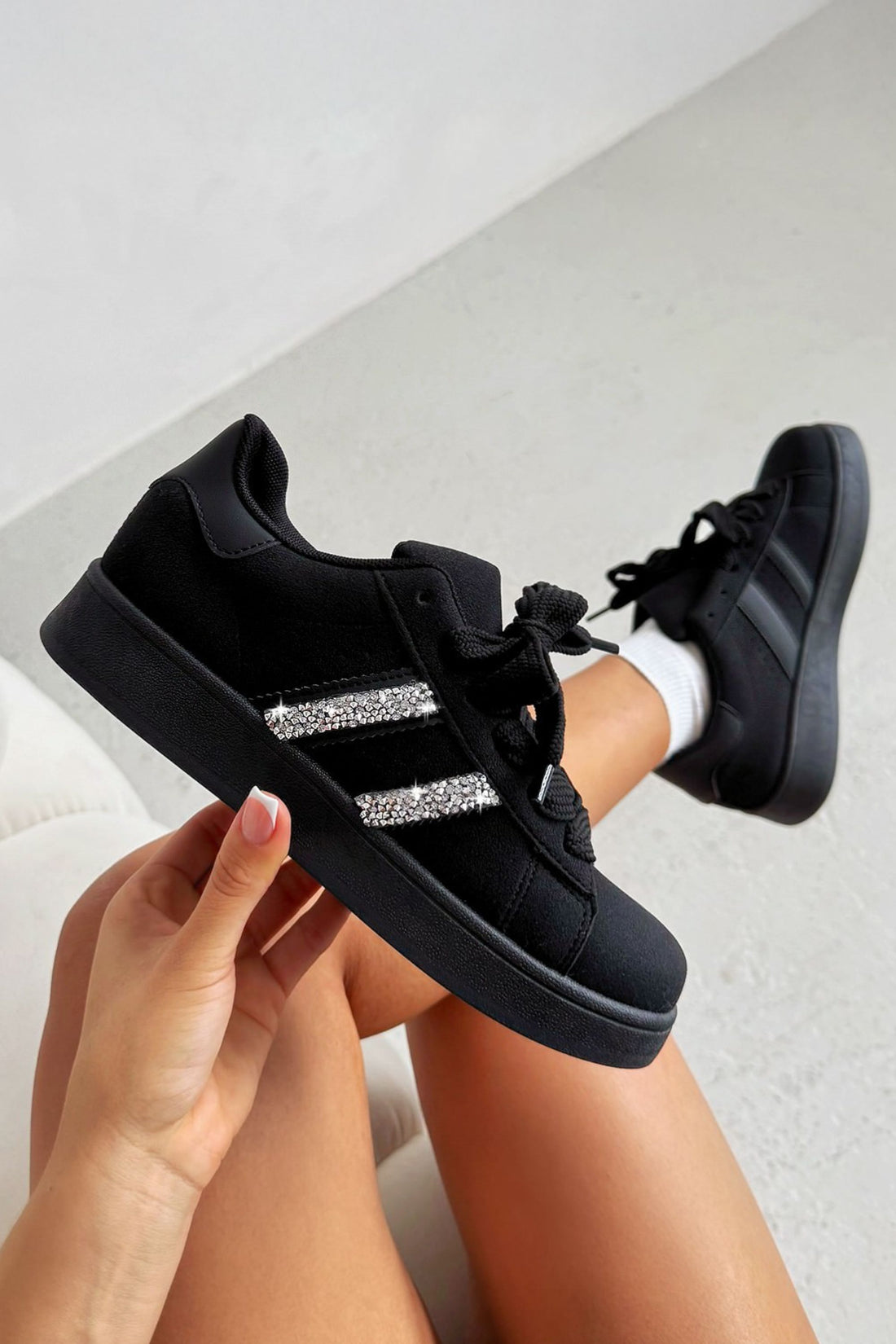 Crystal Stripe Trainers Exclusive Edition All Black designed with twin crystal embellished side stripes