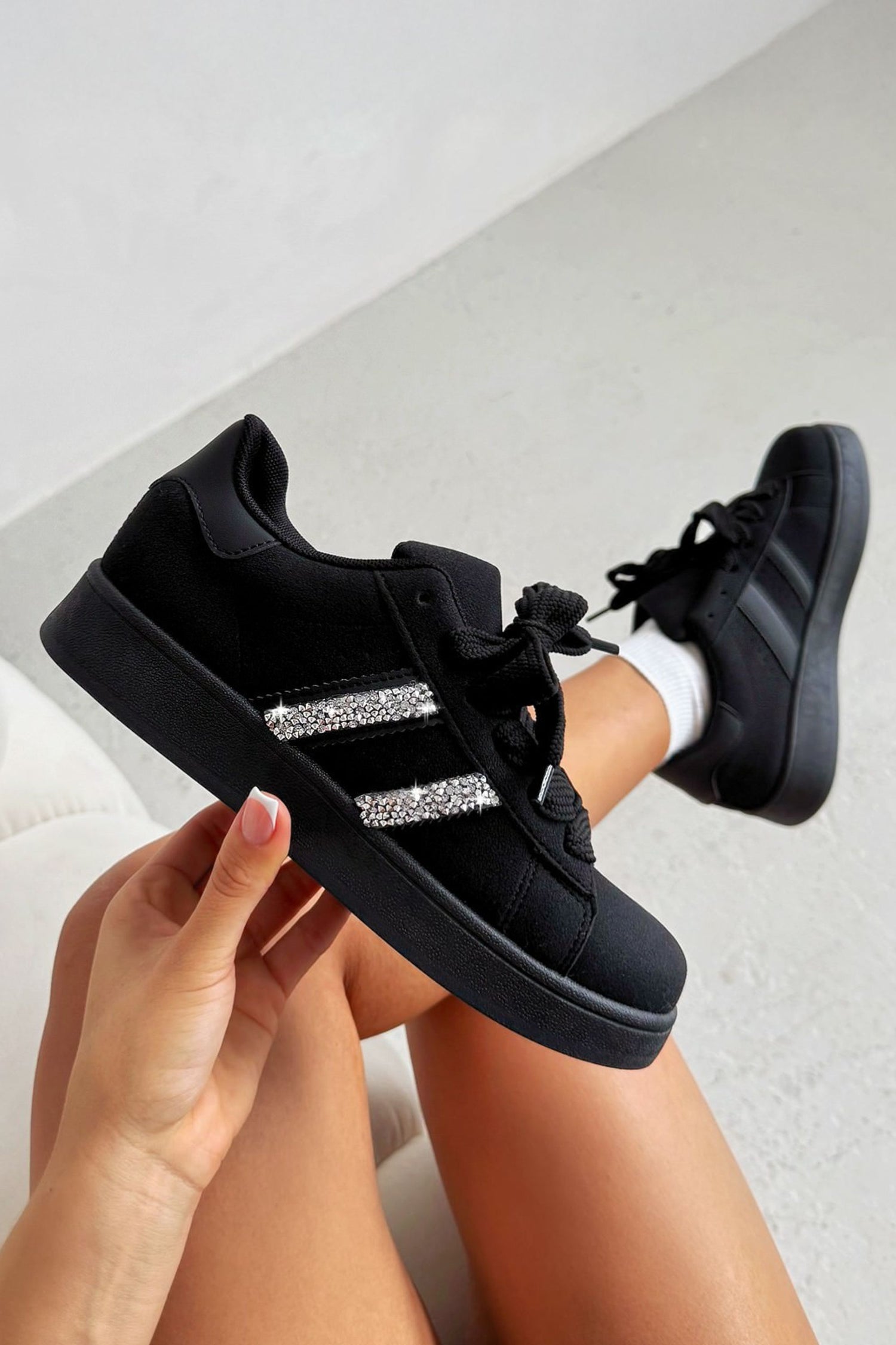 Crystal Stripe Trainers Exclusive Edition All Black designed with twin crystal embellished side stripes
