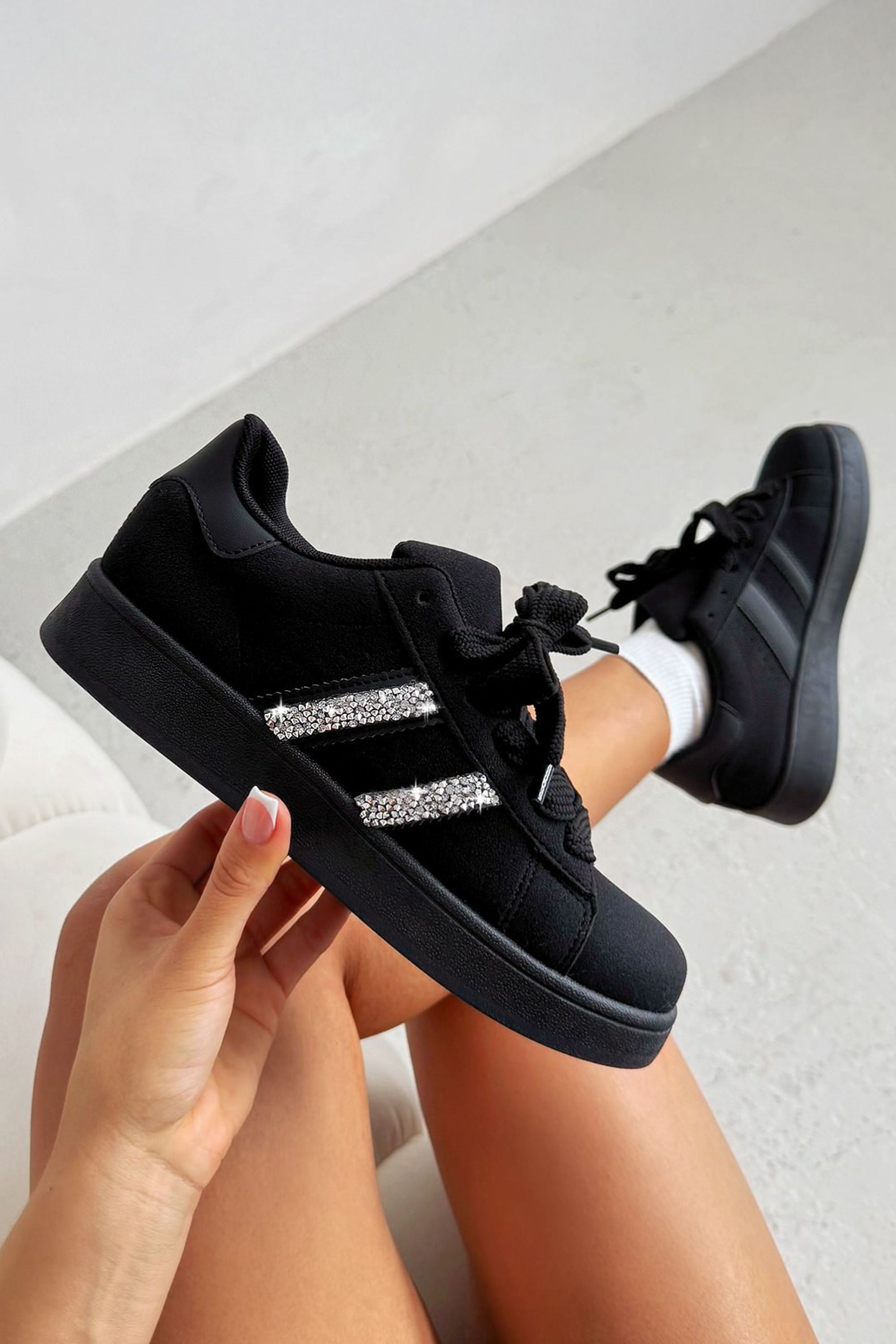 Crystal Stripe Trainers Exclusive Edition All Black designed with twin crystal embellished side stripes