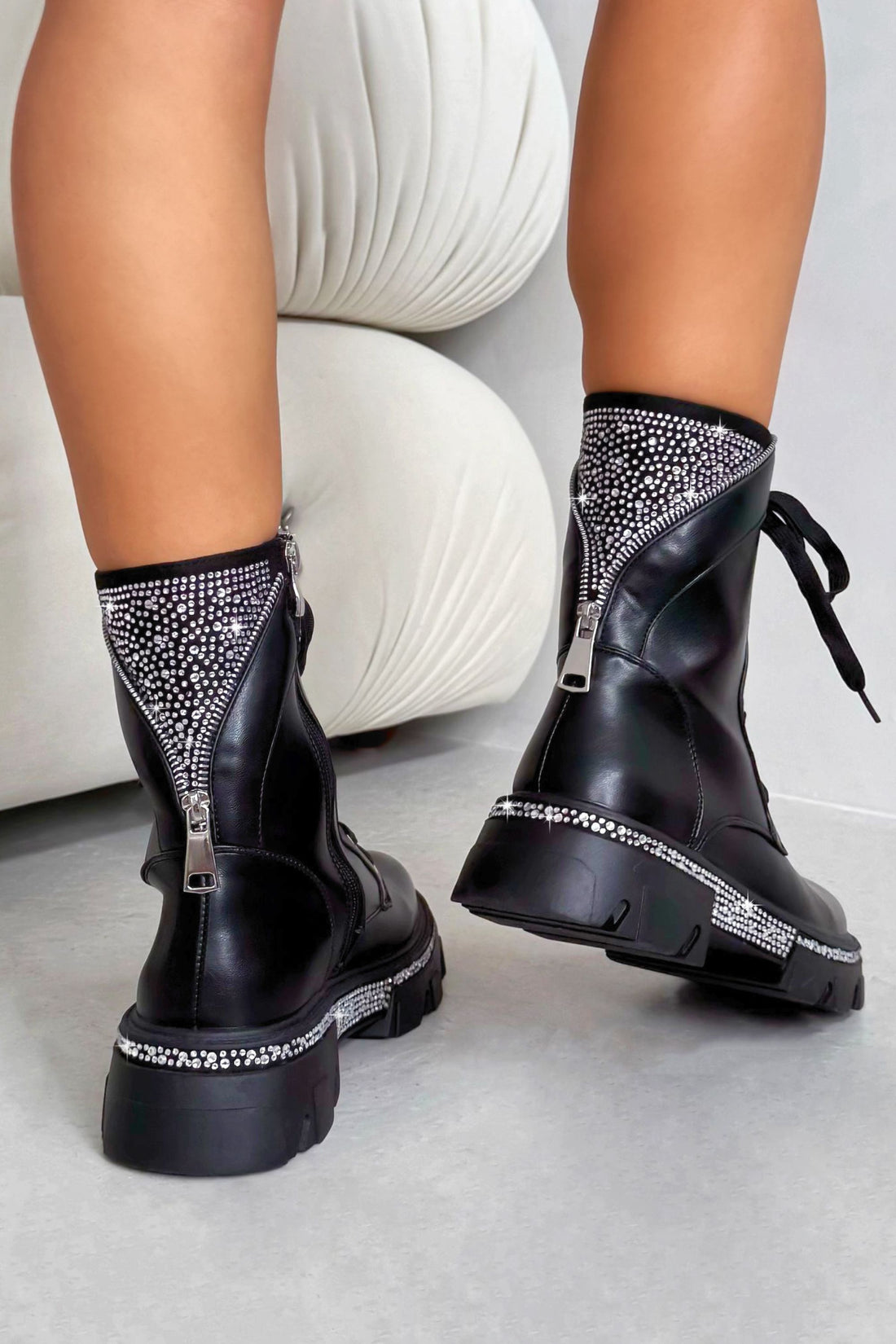 Crystal Glam Warrior Biker Boots Black finished with faux leather ankle boots