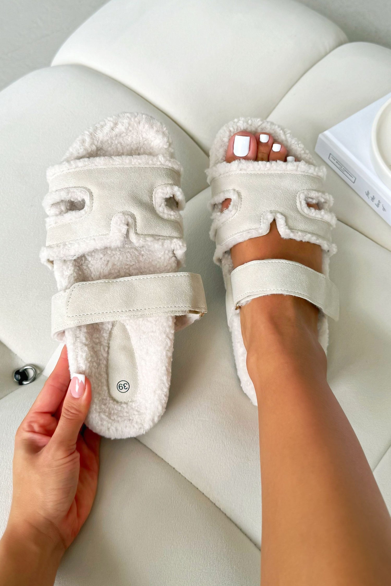 Snuggle Chic Slipper Sliders Nude featuring faux shearling lining &amp; suede-effect upper
