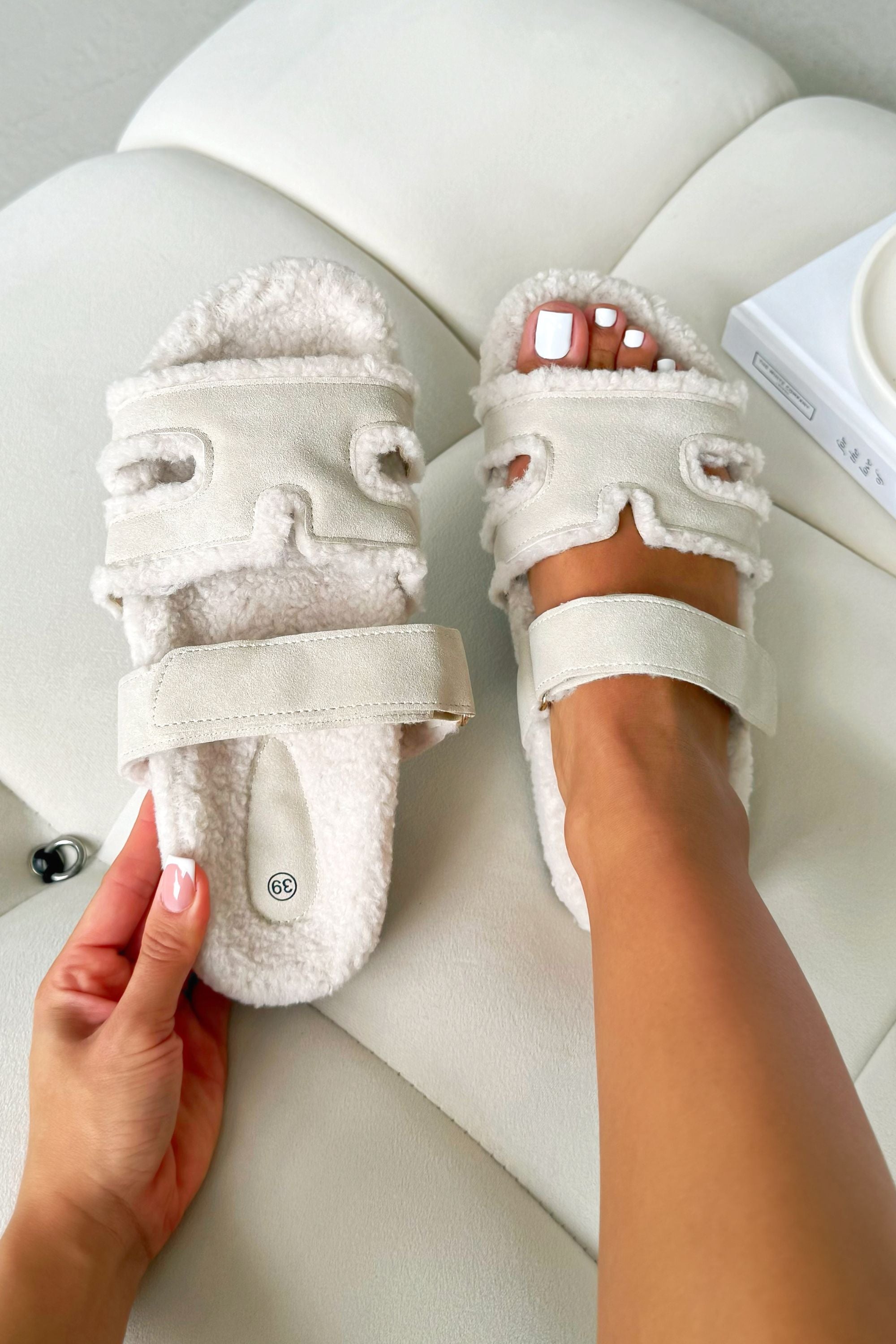 Snuggle Chic Slipper Sliders Nude featuring faux shearling lining &amp; suede-effect upper