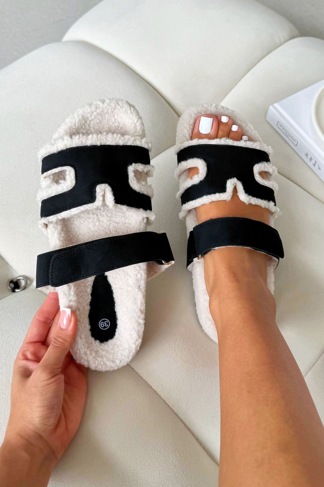 Snuggle Chic Slipper Sliders Black featuring faux shearling lining &amp; suede-effect upper