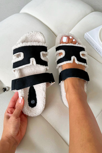 Snuggle Chic Slipper Sliders Black featuring faux shearling lining &amp; suede-effect upper