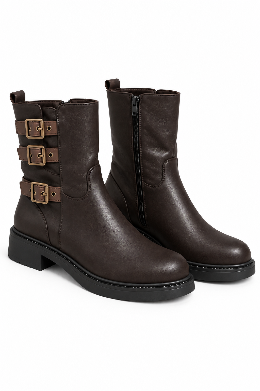 Harley Luxe Triple Buckle Slouch Faux Leather Biker Zip Up Ankle Boots Chocolate Brown