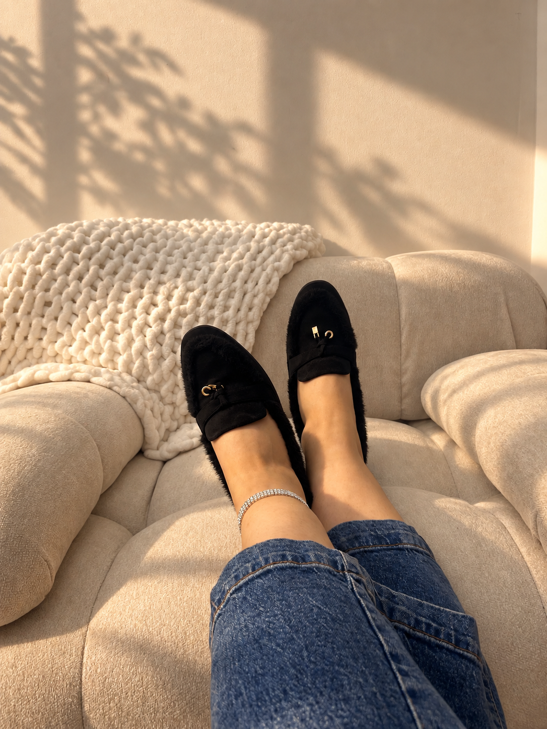 Mollie Faux Suede Fur Lined Flat Penny Detail Moccasin Loafers Black