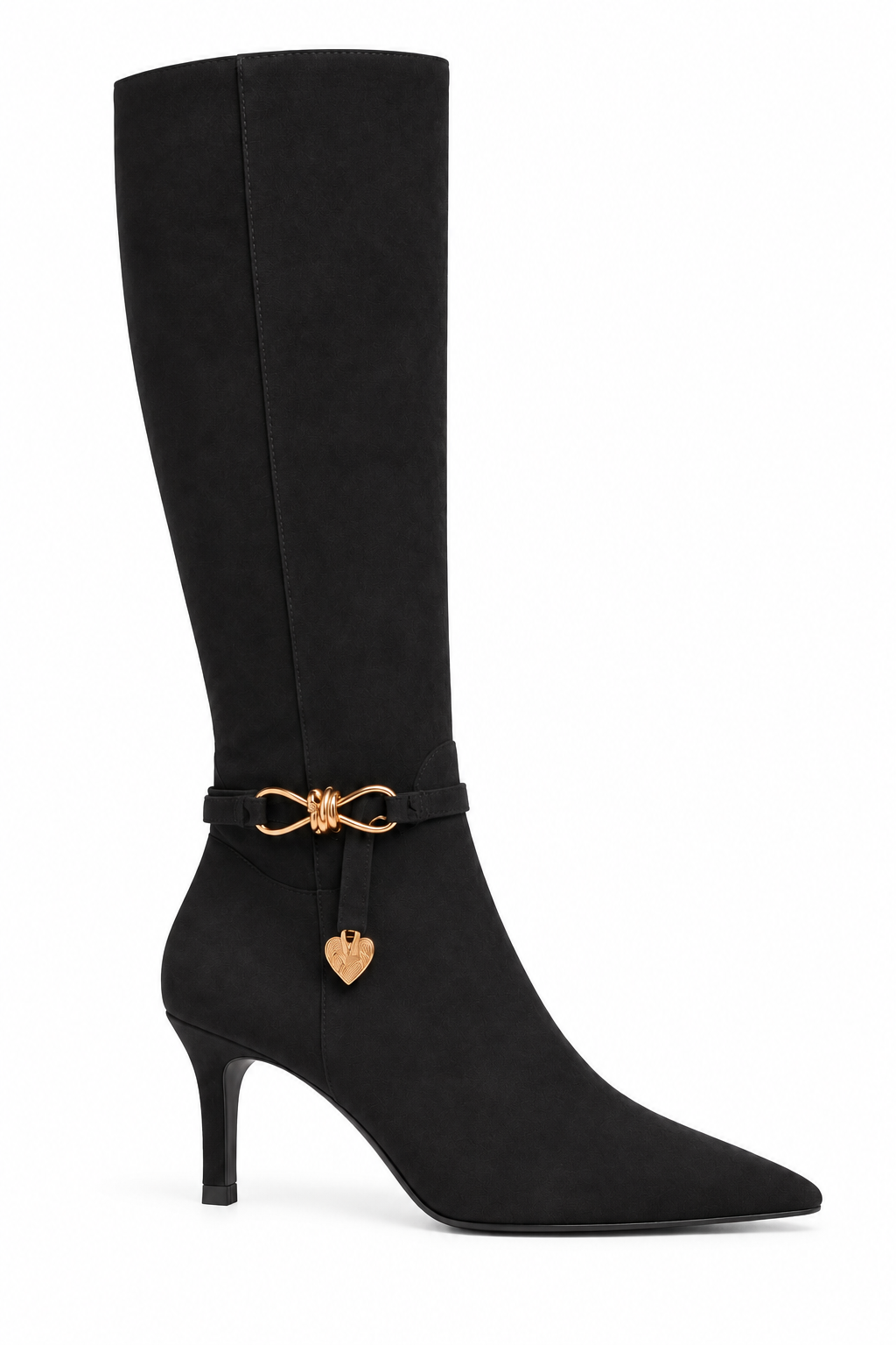 Beaumont Luxe Charm Pointed Toe Faux Suede Kitten Heel Knee High Boots Black