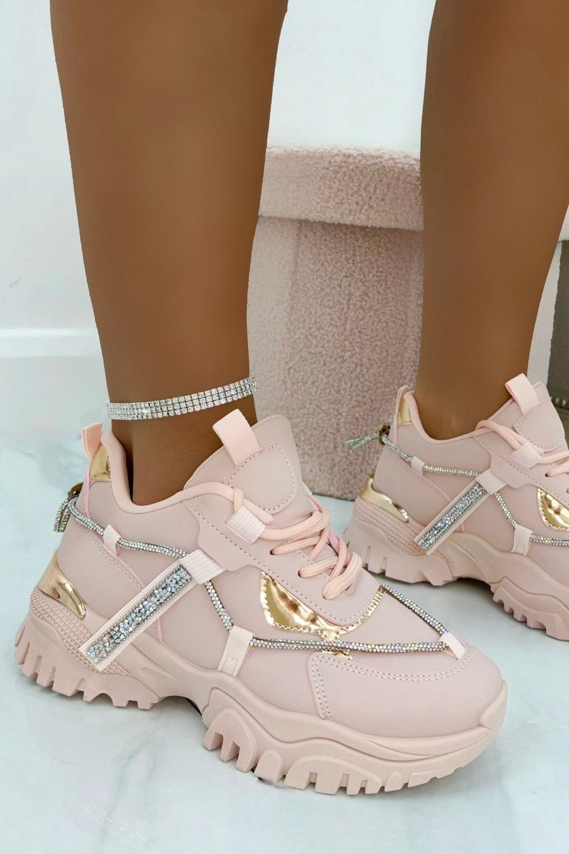 Crystal Track Luxe Chunky Trainers Baby Pink