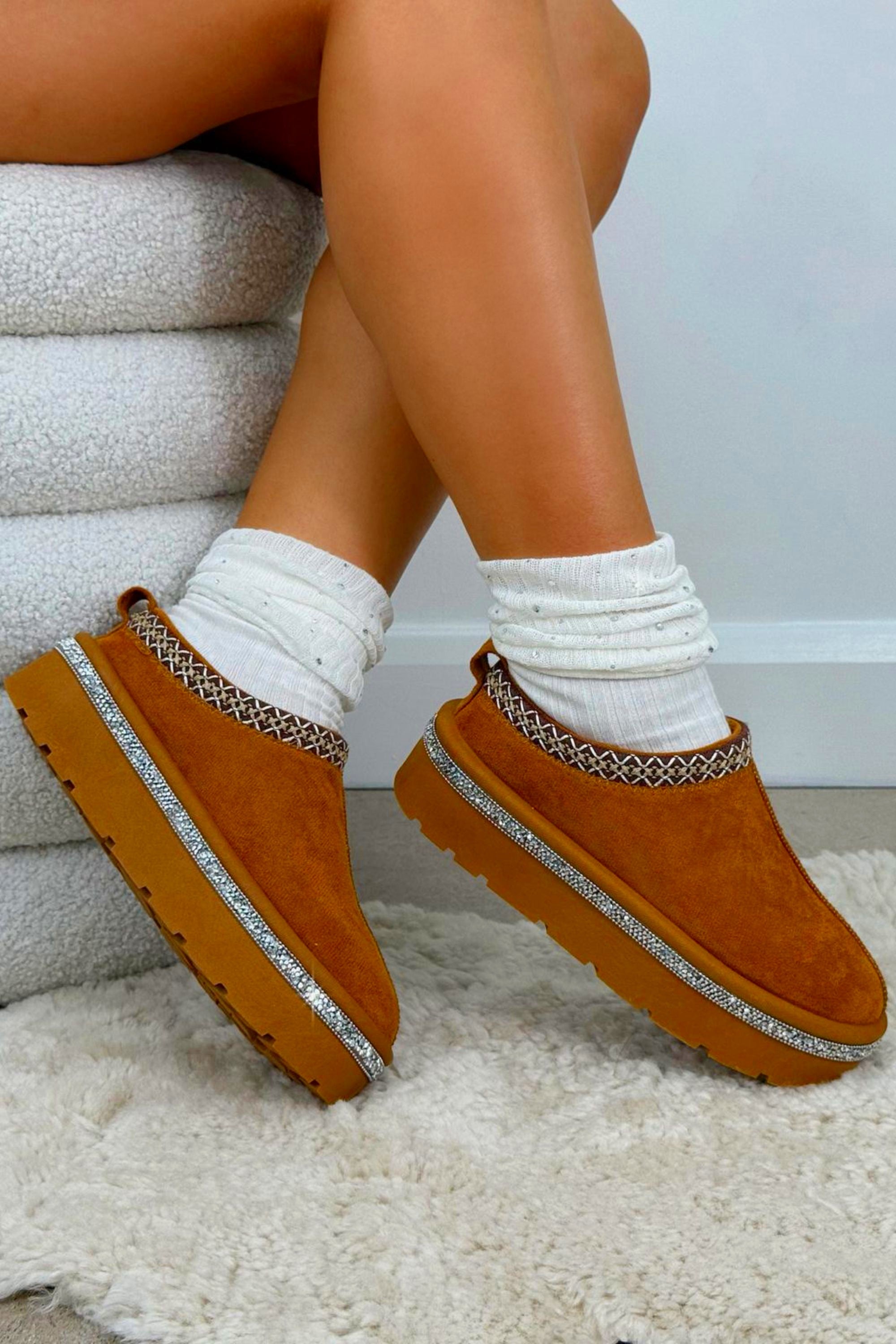 Crystal Platform Tazgirl Faux Fur Lined Slippers Limited Edition Camel - ideal for indoor and outdoor  wear