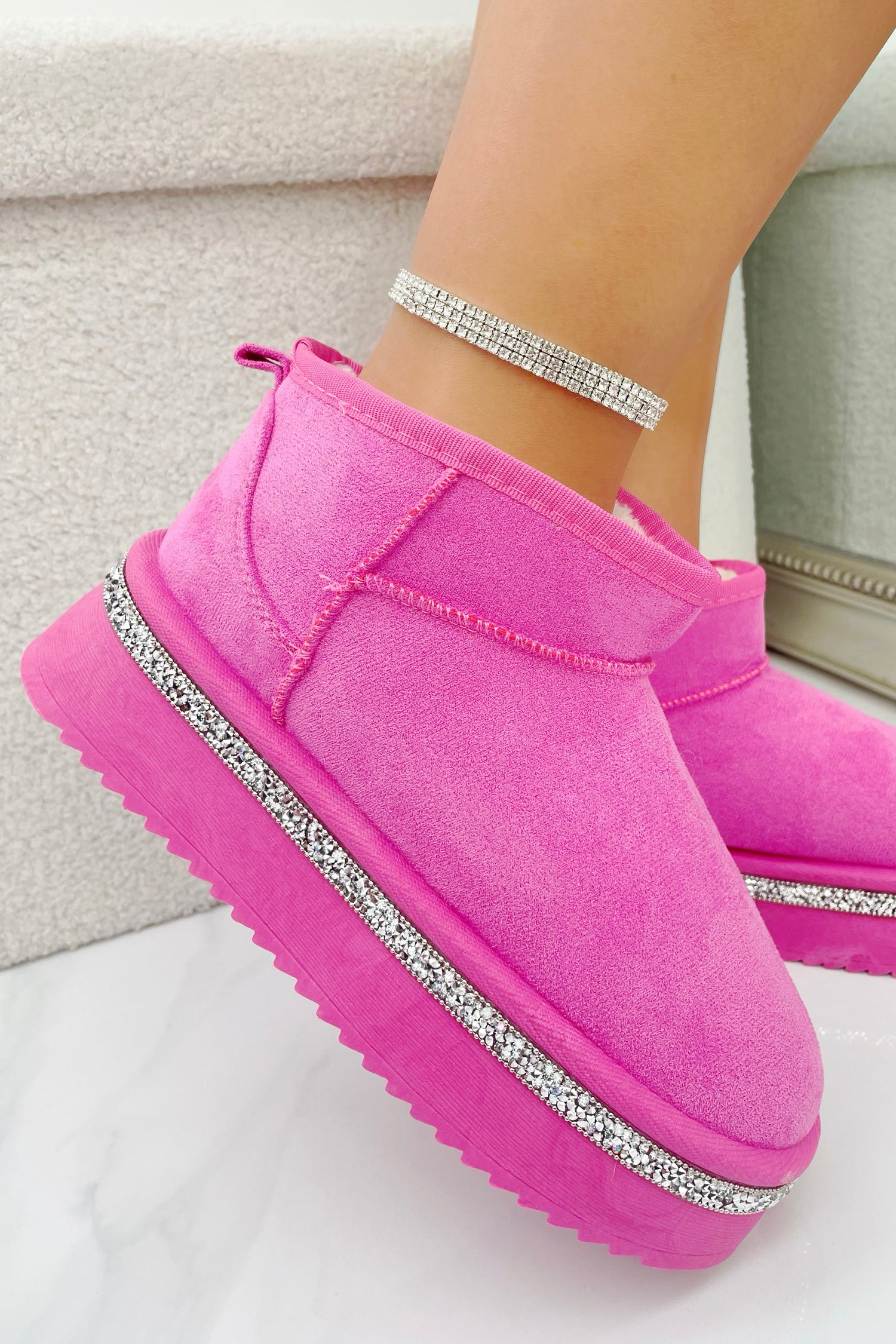 Sparkly Trim Platform Ultra Mini Snugg Boots Hot Pink