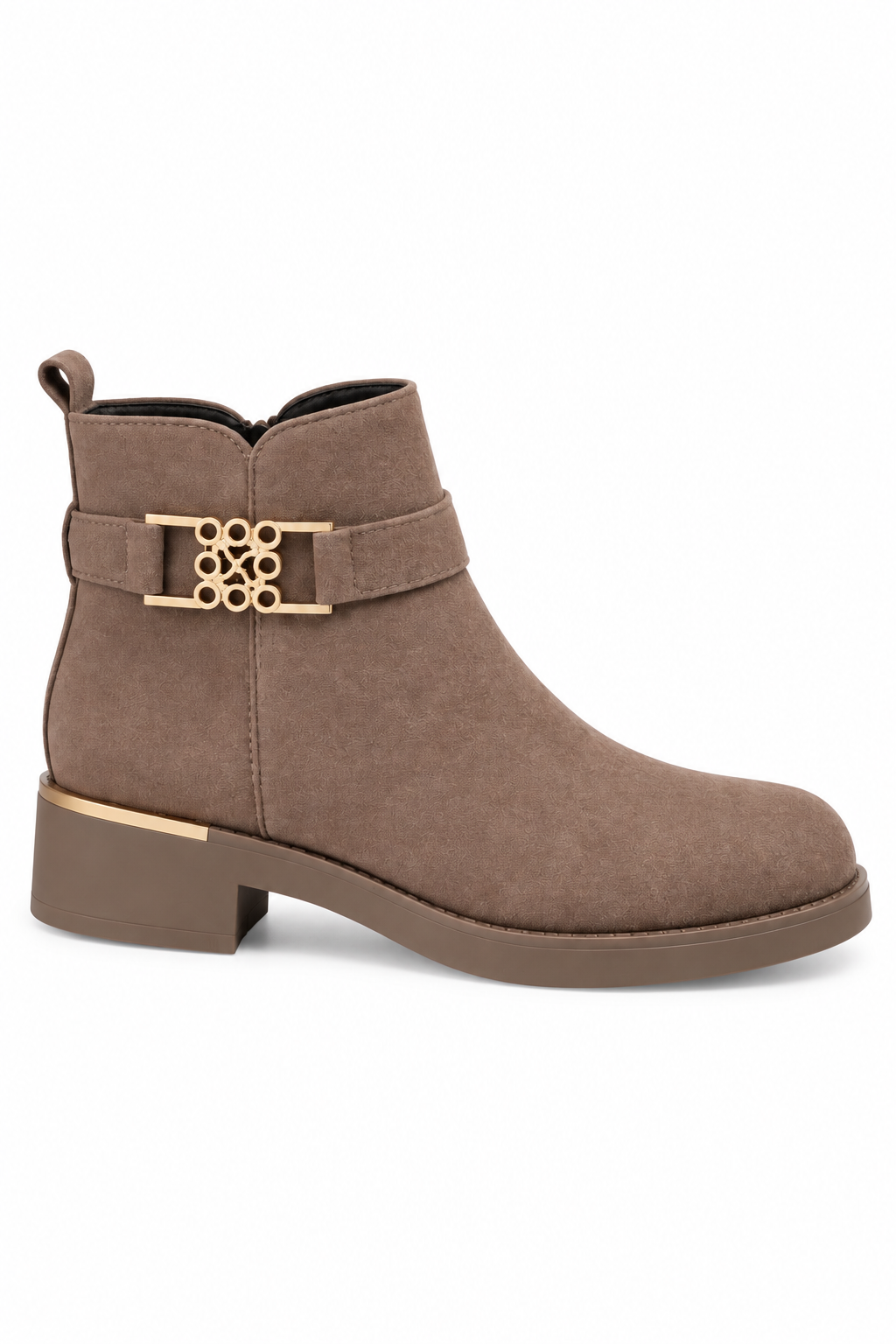 Wren Luxe XO Filigree Buckle Faux Suede Low Heel Ankle Boots Mink
