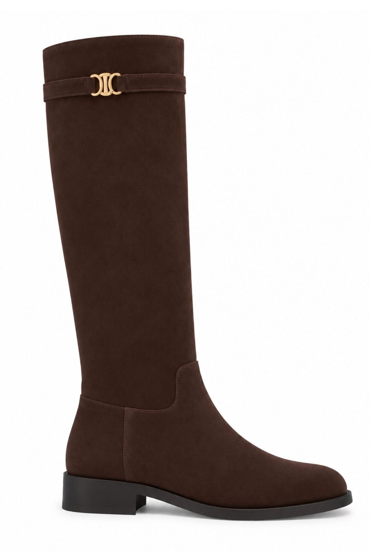 Elodie Luxe Faux Suede Zip Up Knee High Buckle Boots Coffee Brown