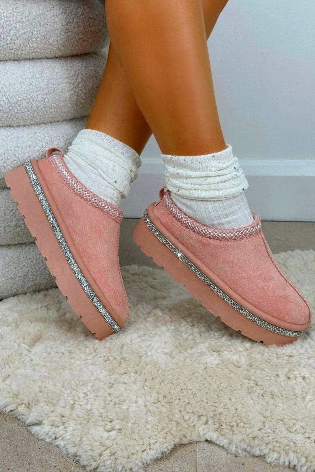 Crystal Platform Tazgirl Faux Fur Lined Slippers Limited Edition Pink, with emphasis on soft faux suede finish