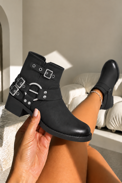 Ryder Luxe Harness Buckle Biker Low Heel Zip Up Faux Leather Ankle Boots Black