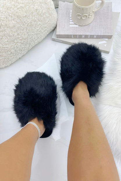 Ultimate Cosy Fluffy Slippers Black, bringing attention to faux Fur