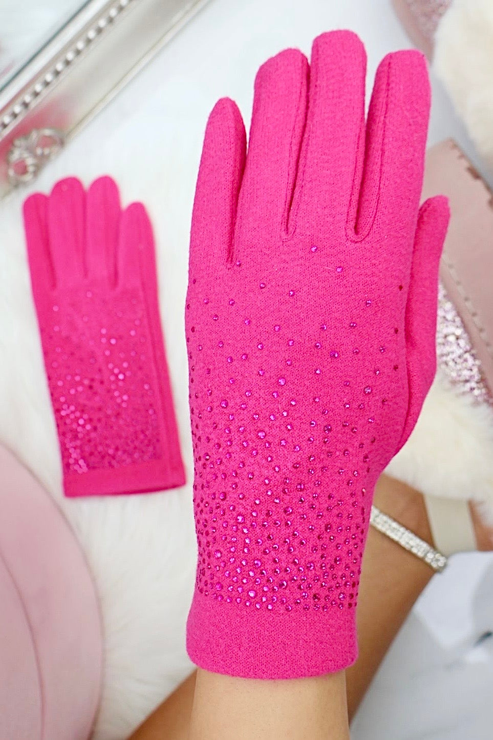 Sparkly Crystal Shine Gloves Hot Pink featuring crystal Embellished